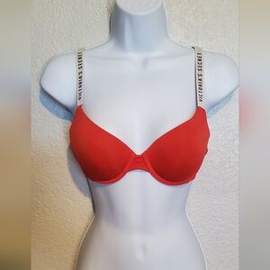 32C Victoria's Secret Red Lightly Lined T Shirt Demi Bra Red Black White Sz 32C